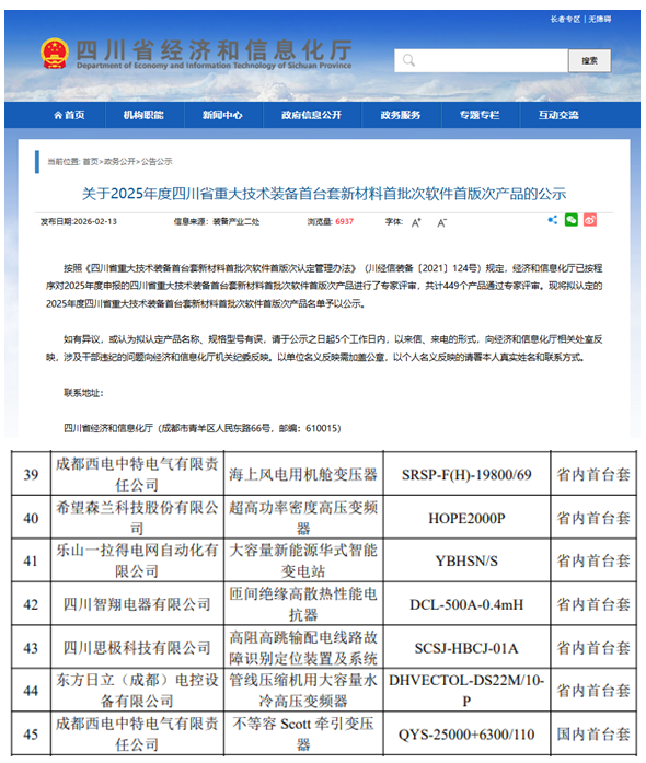 西電中特2項特種變獲評2025年四川省首臺（套）重大技術(shù)裝備